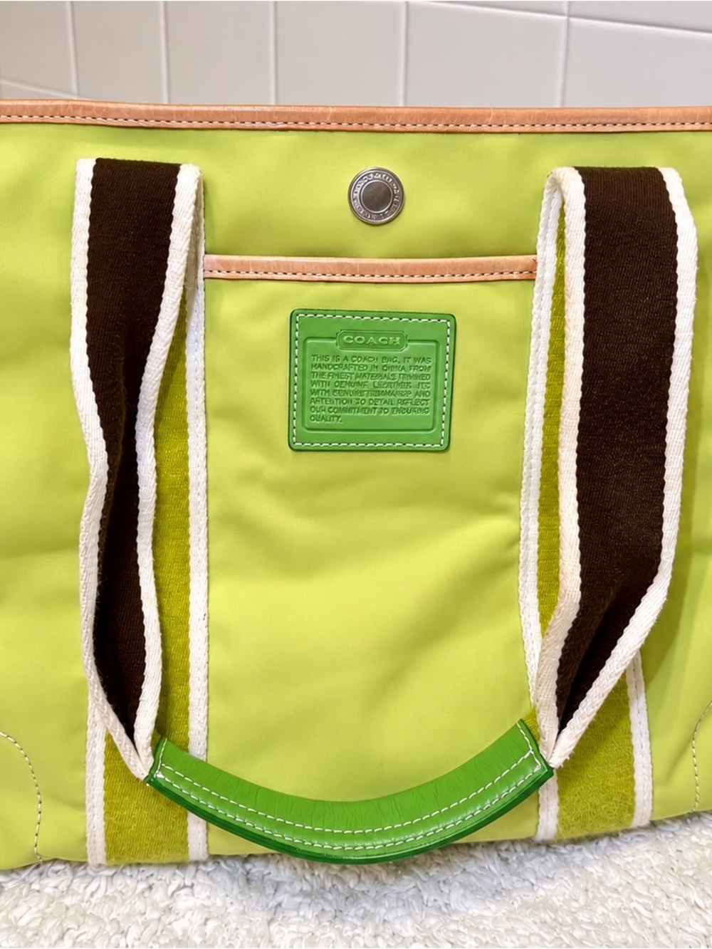 Coach Neon Lime Nylon Tote with Brown & White Straps